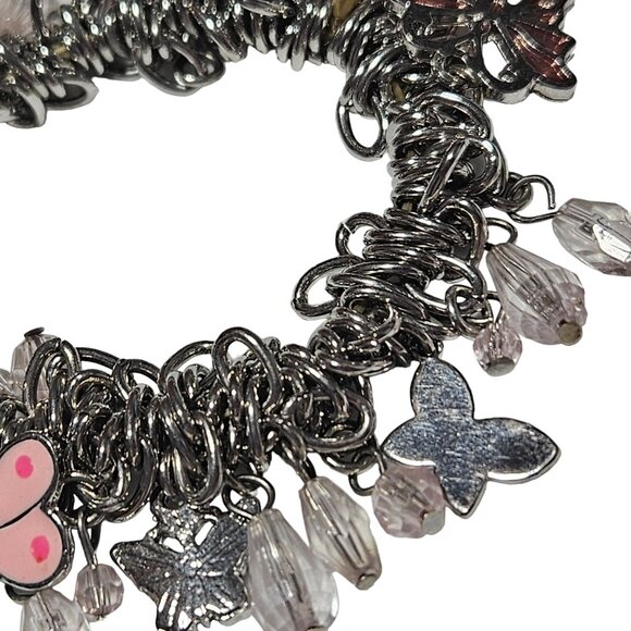 Butterfly Charm Bracelet Pink Silver Tone Chunky Chain Fashion Jewelry Women - Picture 3 of 5